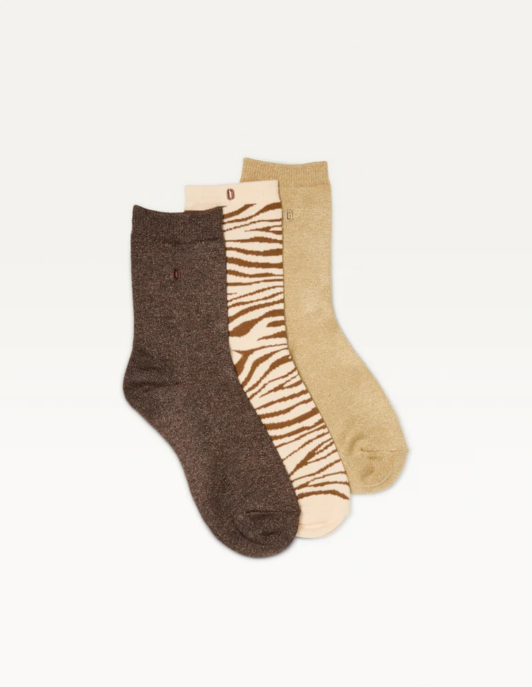 Pack de 3 Chaussettes Fantaisie paillettes et zèbre marron doré