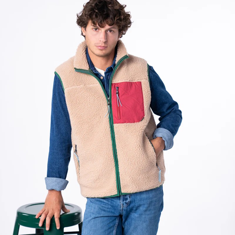 Veste sherpa zippée sans manches - Naturel et bordeaux