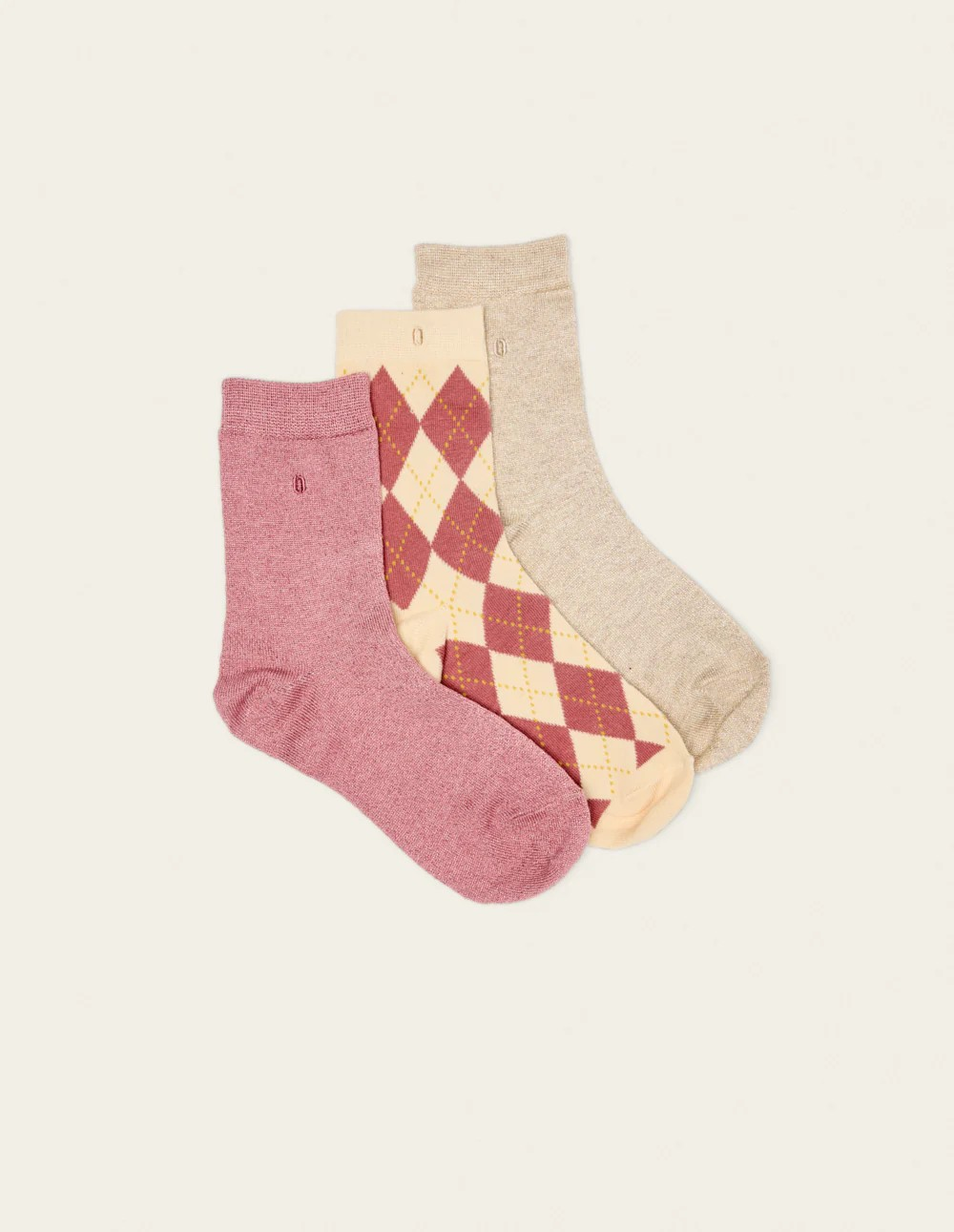 Pack de 3 Chaussettes - Fantaisie losanges et paillettes beige rose