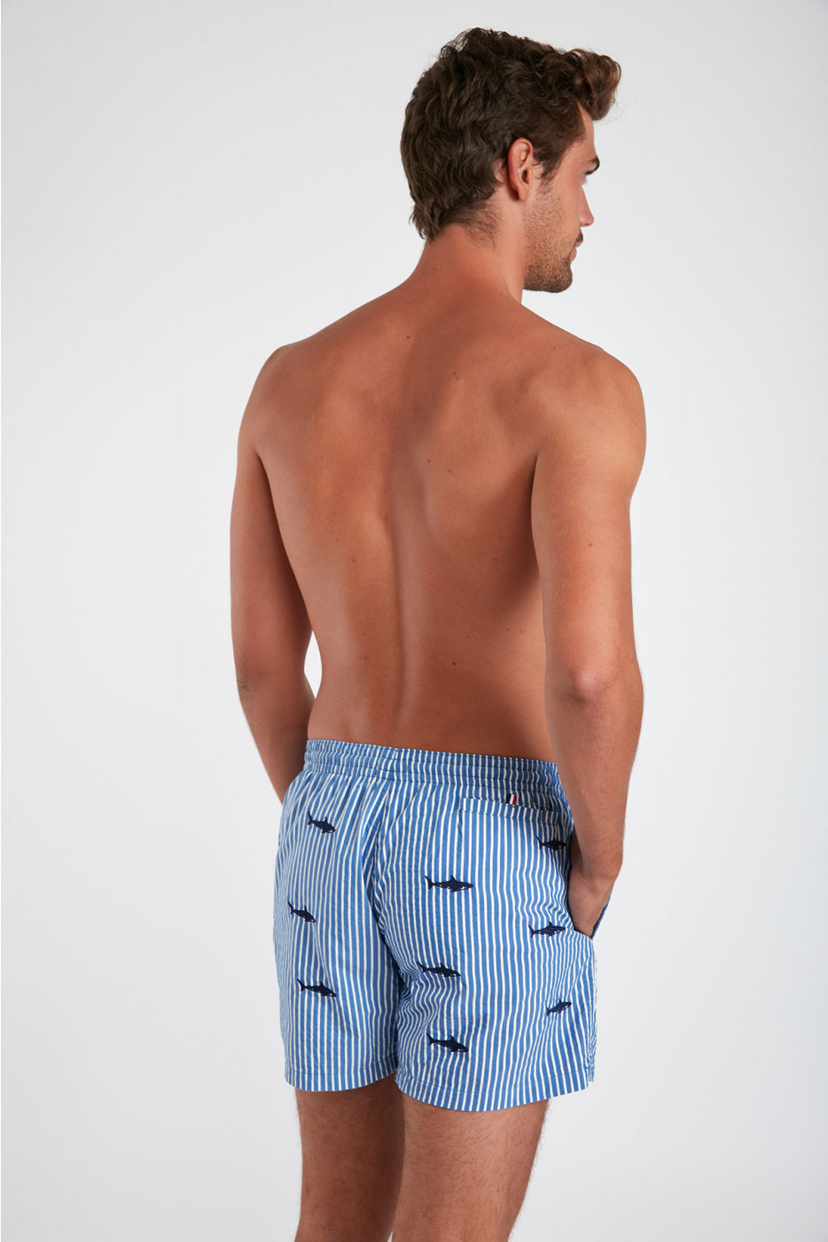 SHORT DE BAIN BLEU A RAYURES BRODERIE SHARK