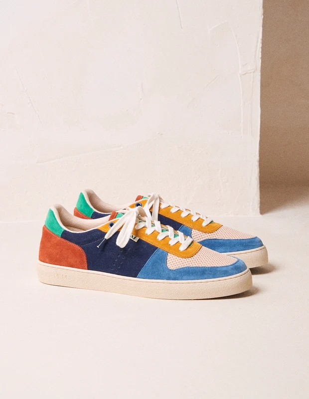 Arthur - Suède et mesh bleu gris, écru moutarde