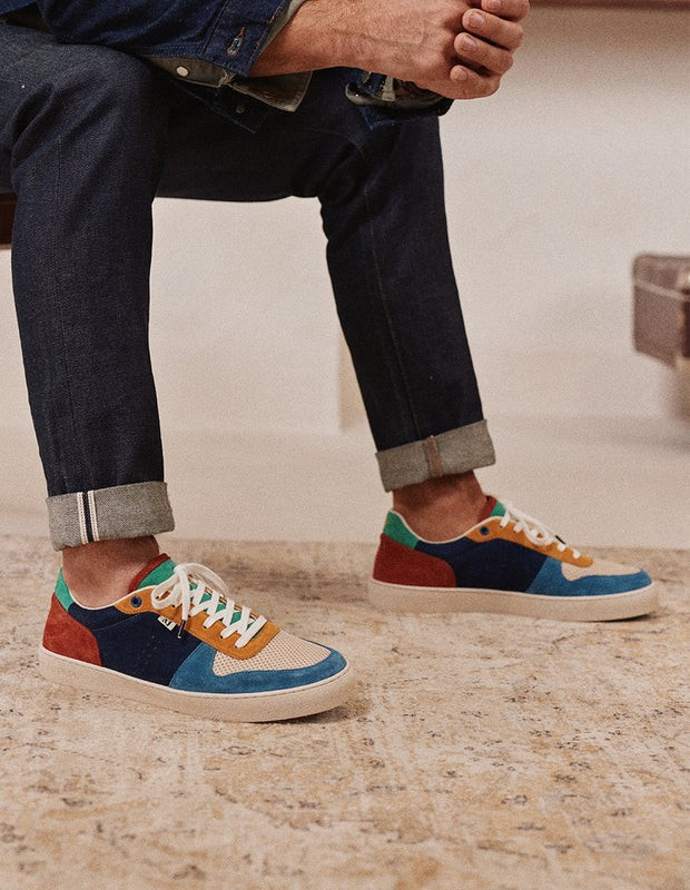 Arthur - Suède et mesh bleu gris, écru moutarde