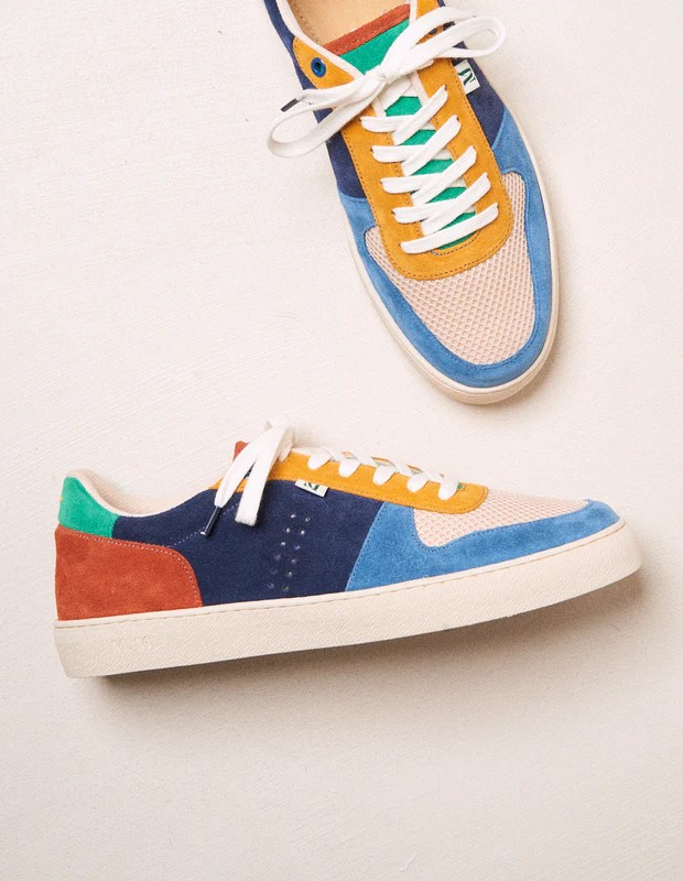 Arthur - Suède et mesh bleu gris, écru moutarde