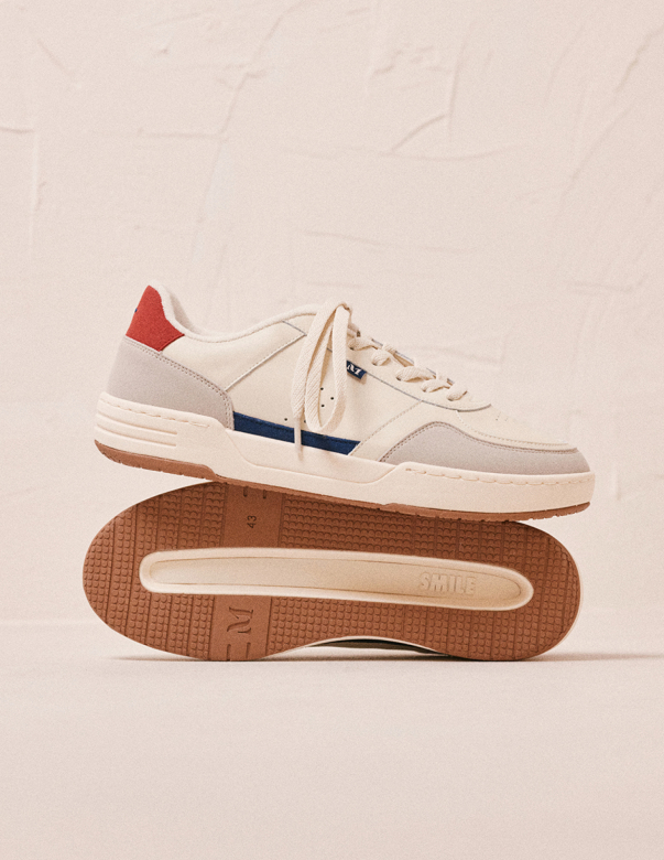 Mael - Cuir recyclé et suède vegan ecru marine rouge