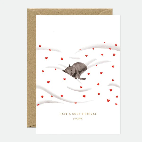 Carte de voeux Anniversaire - Gold Cosy Cat - Dorure