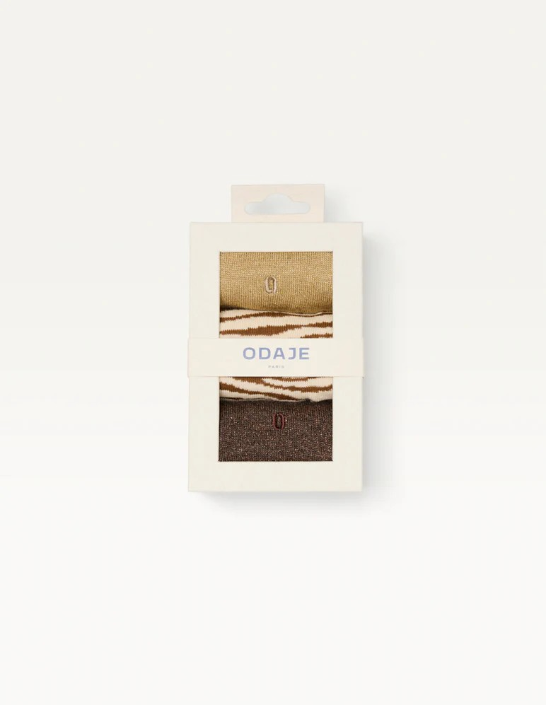 Pack de 3 Chaussettes Fantaisie paillettes et zèbre marron doré