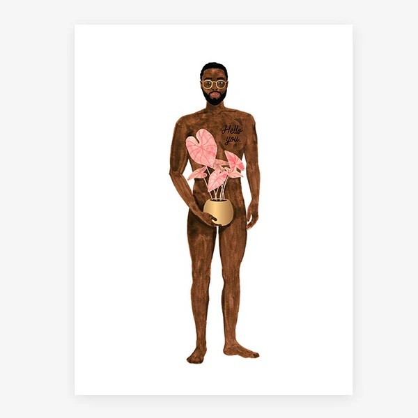 Affiche - Naked boy with a plant
