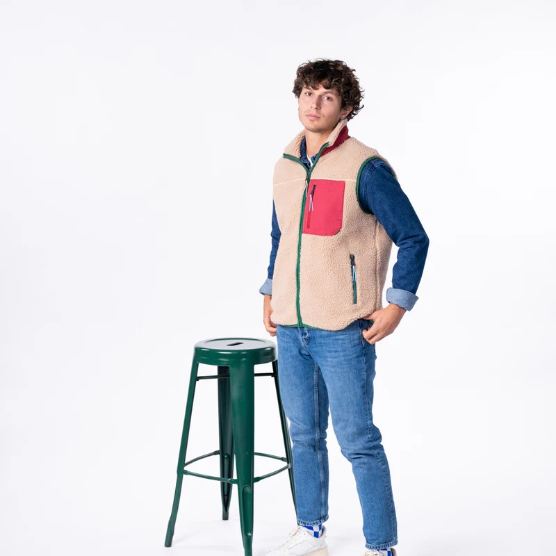 Veste sherpa zippée sans manches - Naturel et bordeaux