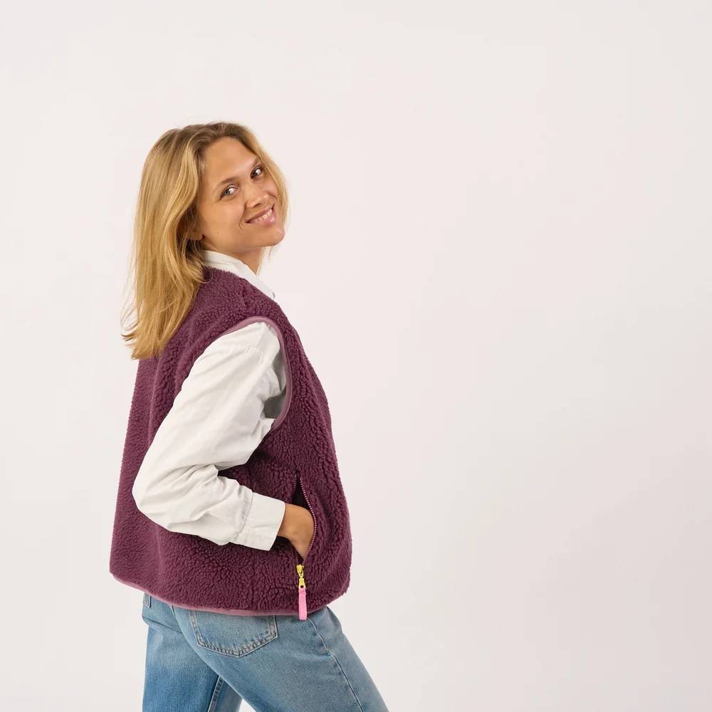 Veste sherpa femme zippée sans manches - Prune