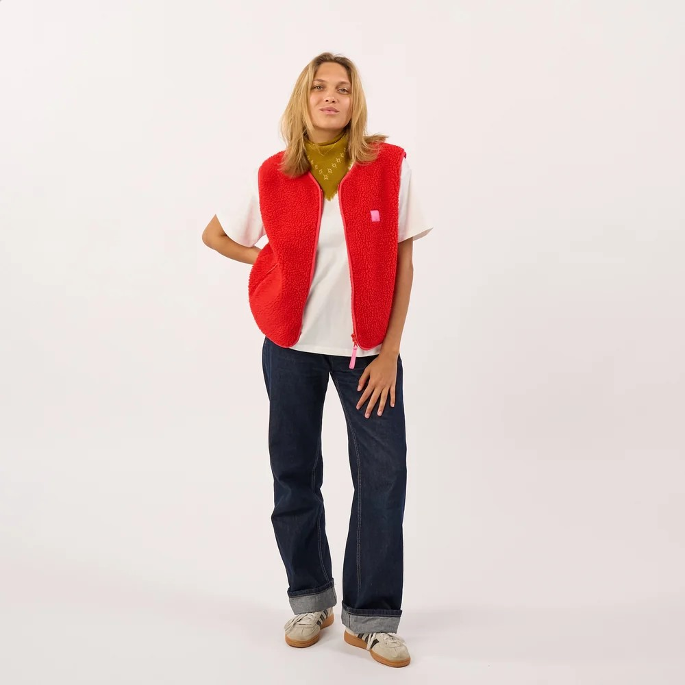 Veste sherpa femme zippée sans manches - Rouge