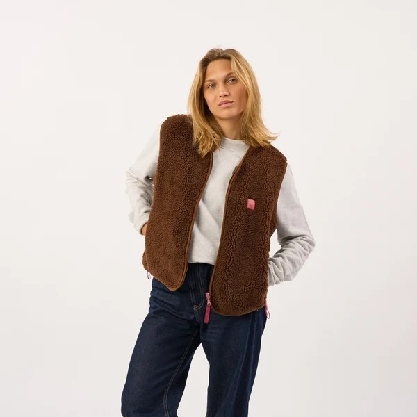Veste sherpa femme zippée sans manches - Marron