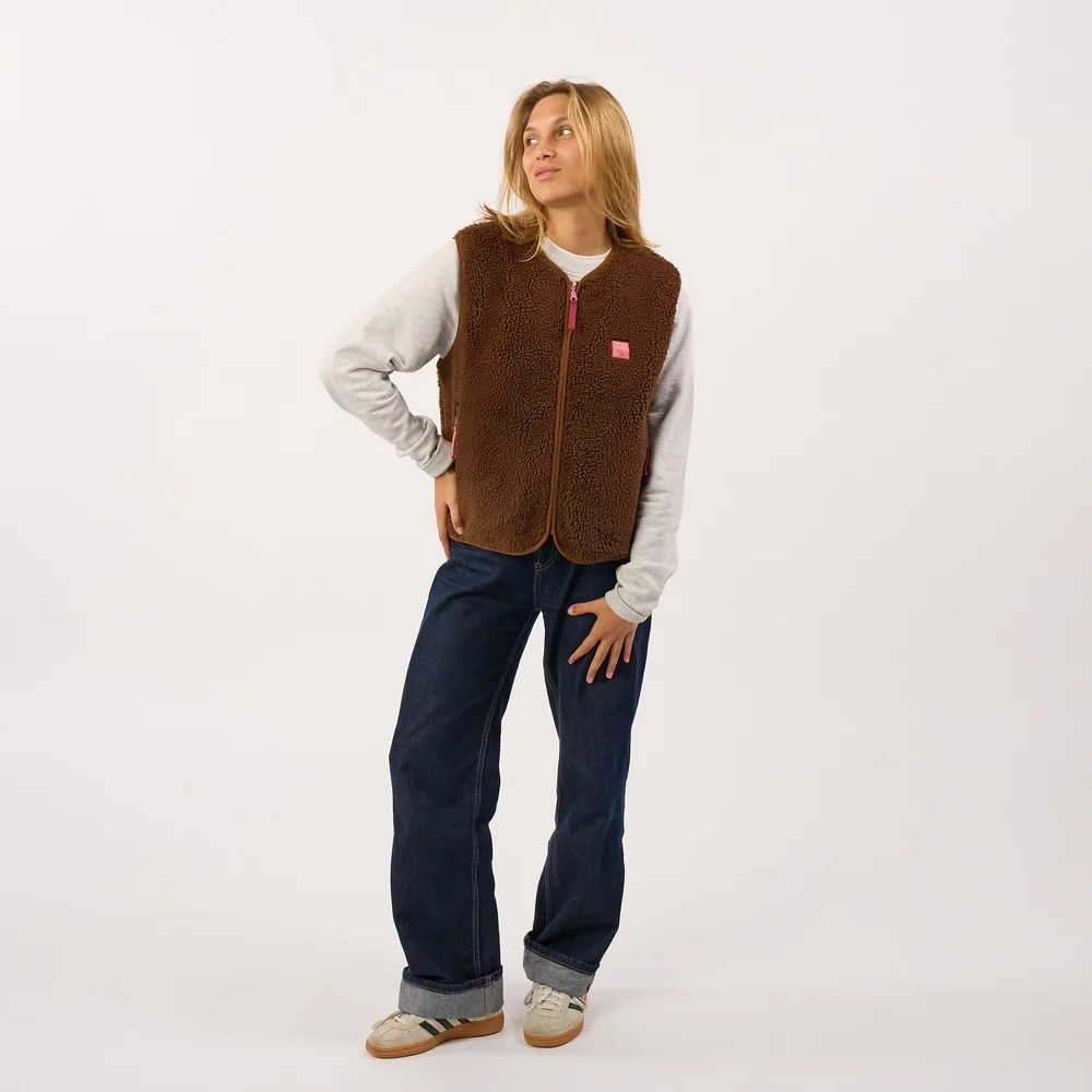 Veste sherpa femme zippée sans manches - Marron