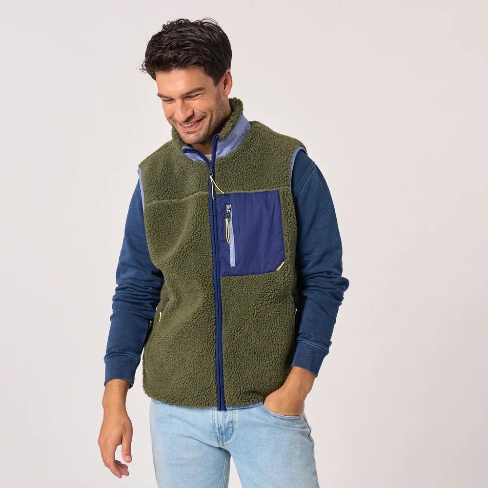Veste sherpa mixte zippée sans manches - Kaki et Marine