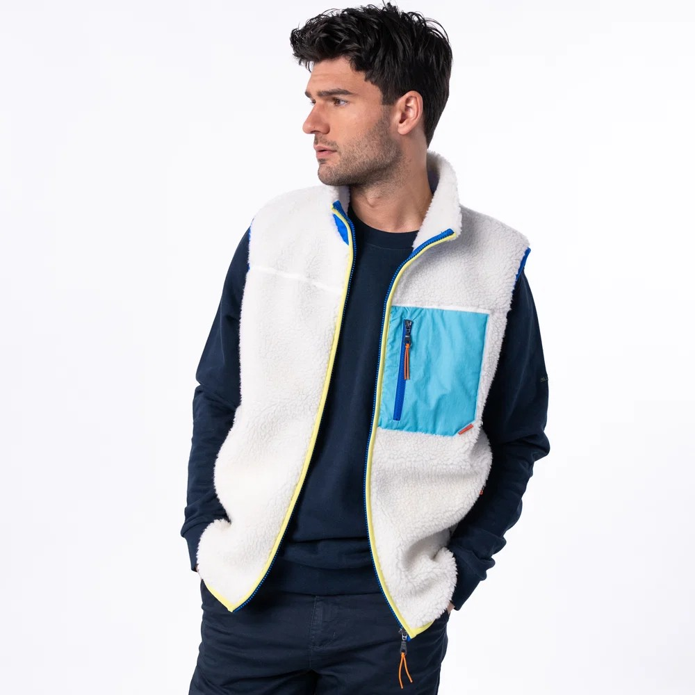 Veste sherpa mixte zippée sans manches - Ivoire et Bleu
