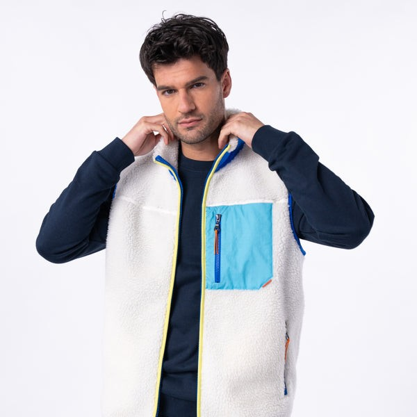 Veste sherpa mixte zippée sans manches - Ivoire et Bleu
