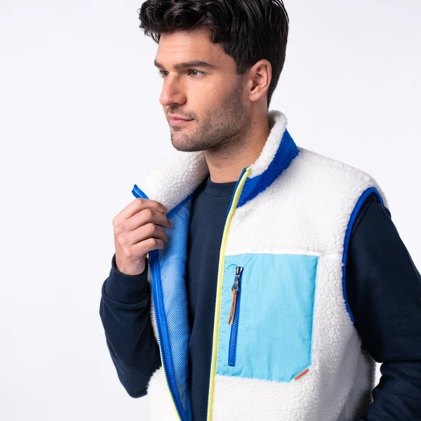 Veste sherpa mixte zippée sans manches - Ivoire et Bleu