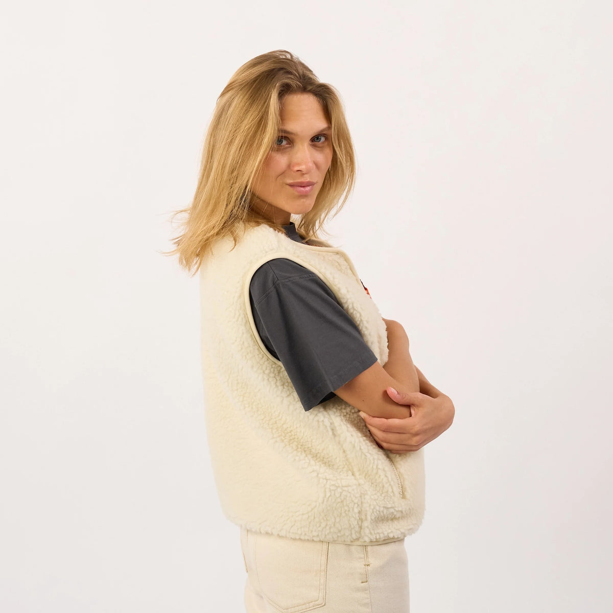 BILLYBELT Veste sherpa femme zippée sans manches - Beige - 4